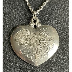 Vintage STIEFF Heart Necklace Kirk Stieff Pewter Aster Flower Pendant SilverTone